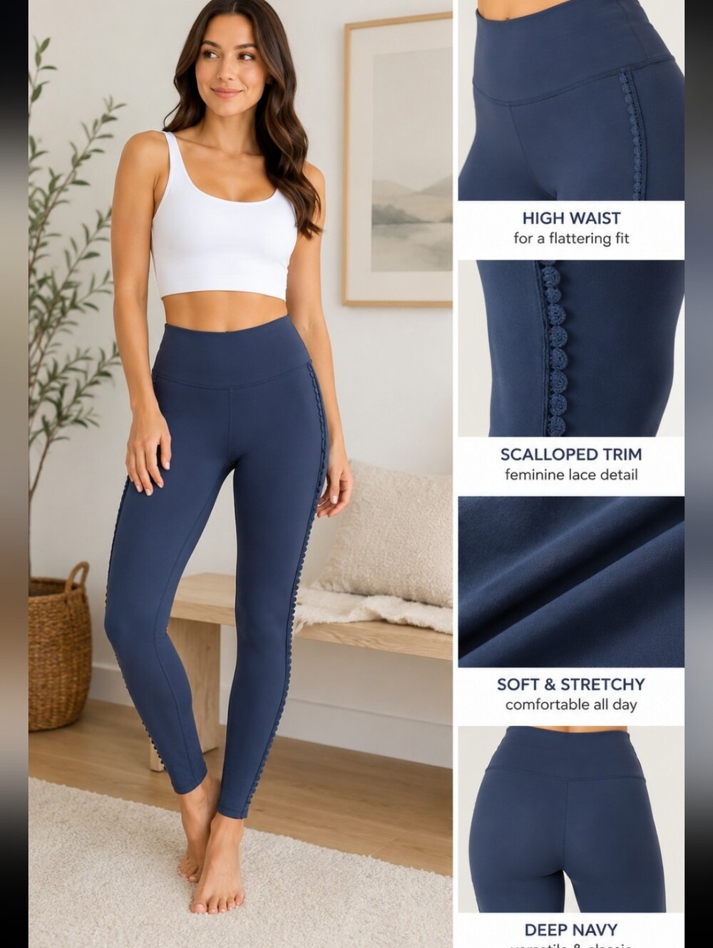 Lacey Chabert High Waisted Scallop Trim Deep Navy Leggings Size Med